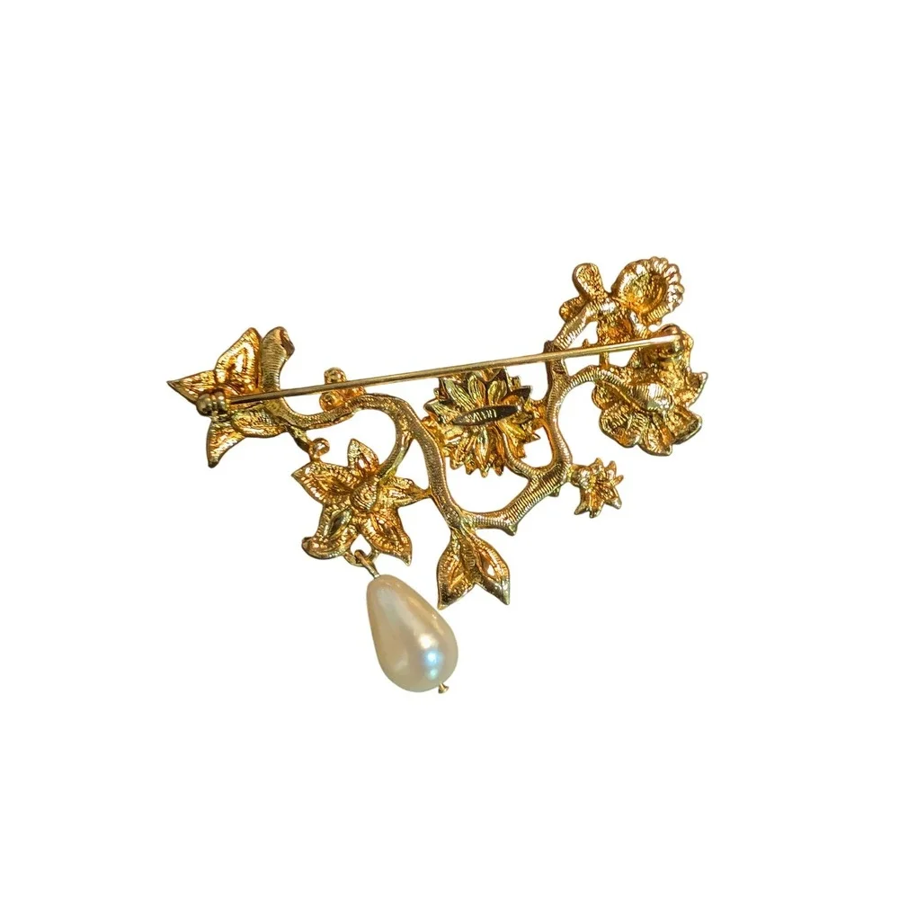 Vintage Gold Tone Sunflower Butterfly Brooch Pink Enamel Faux Pearl Drop Pin